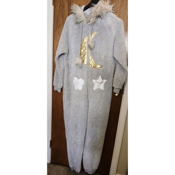 Holiday Time Women's XL Gray Sleeper One Piece Moon Stars Zip Gold Faux Fur Hood - Picture 6 of 11